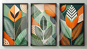 Three framed abstract geometric leaf artworks image