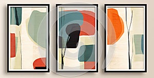 Three framed abstract paintings, creative minimalism, pastel style