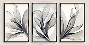 Three framed art pieces with smoke shapes leaves