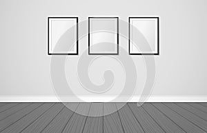 Three frames on a wall. Vector mock up. Modern scandinavian interior design