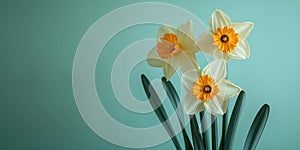 Three fresh blooming flowers yellow daffodils isolated on green background with place for text, bright spring banner