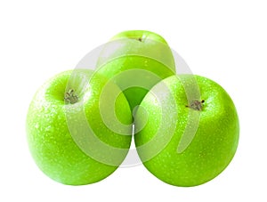 Three fresh green granny smith apples isolated on white