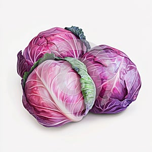 Three fresh purple cabbages with green leaves on white background