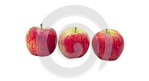 Three fresh red apple fruits isolated on white background with clipping path. sweet tasty multi vitamin for vegetarian . High fibe