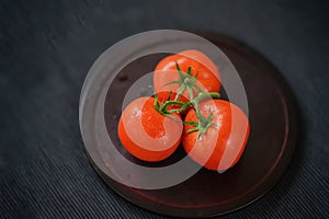 Three fresh red ripe tomatoes with water drops on branches, wooden plate, black background. Selective focus. Top view