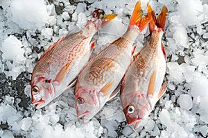 Three fresh red snappers lie on the ice.