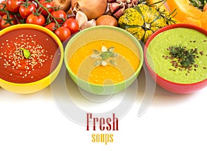 Three fresh soups and vegetables photo