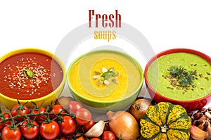 Three fresh soups and vegetables