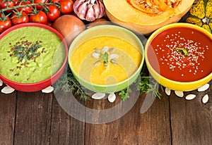 Three fresh soups and vegetables