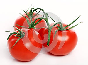 three fresh tomatoes with green leaves isolated on white background