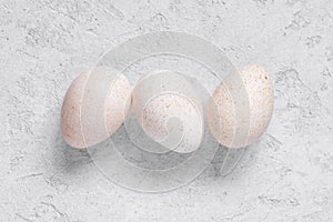 Three fresh turkey eggs on the white table