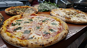 Three freshly baked pizzas resting on a wooden table, showcasing a variety of toppings and flavors