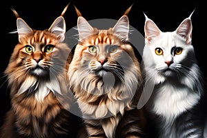 Three friendly and intelligent giant Maine Coon cat breeds. photo