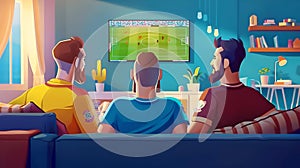 Three friends enjoying a soccer match on TV in a cozy living room. relaxed watching sports together. colorful, vibrant