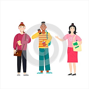 Three friends go to school. Young female students. Vector illustration.