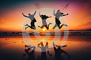 Three friends having fun at the beach. Silhouettes jumping at sunset. Spring break concept.