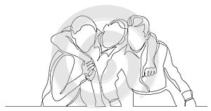 Three friends hugging together - one line drawing