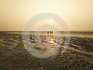 Three friends are walking on the beach of Chandipur