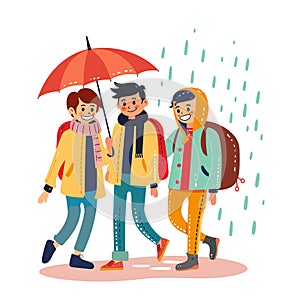 Three friends walking under umbrella during rainfall, cheerful group characters raincoats. photo