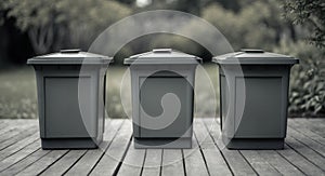 Three full dustbins for sorting trash on the backyard