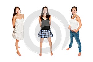 Three full length portraits of a beautfiul young woman wearing casual summer clothes