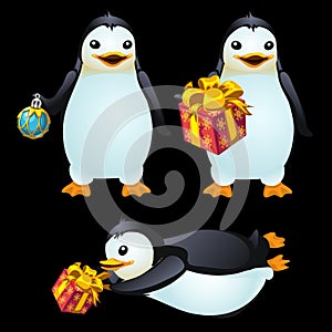 Three fun penguins with Christmas ball and gifts
