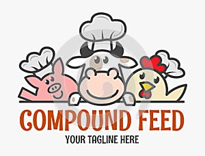 Three funny animal chefs. Compound feed logo. Chicken  cow and pig icon