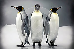 Three funny emperor penguin stand side by side and turn in different directions