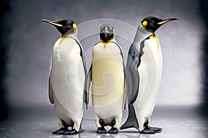Three funny emperor penguin stand side by side and turn in different directions