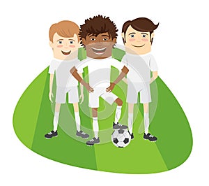 Three Funny football soccer players team standing on grass field