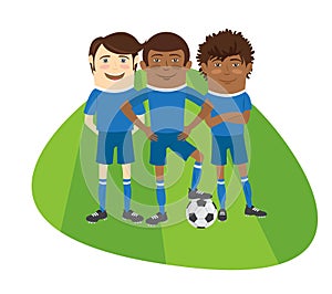 Three Funny football soccer players team standing on grass field