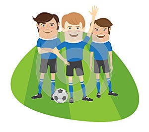 Three Funny football soccer players team standing on grass field