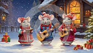 Three funny mice in knitted hats and colorful clothes sing Christmas carols and play musical instruments while standing in a snowy