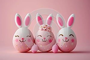 Three funny painted Easter eggs with cheerful faces and bunny ears on smooth pink background, symbol of happy Easter