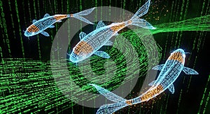 Digital Koi Fish Swimming in Binary Code Matrix Stream