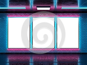 Three futuristic vertical billboard Mockup. Cyberpunk style frames interior template. 3D rendering
