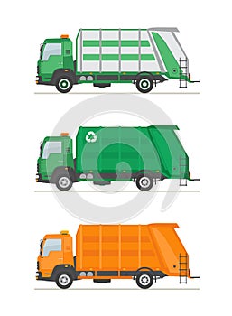 Three garbage trucks isolated on white background. Garbage  utilization equipment.