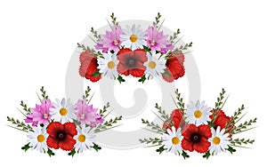 Three garland of poppies, daisies, mallows and grass isolated on white. photo