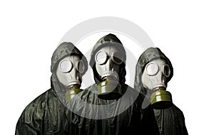 Three gas masks isolated on white background. Survival theme.