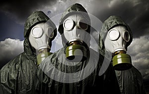 Three gas masks. Survival theme.