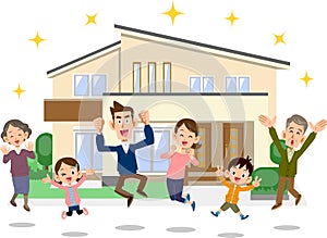 A three-generation family jumping in front of a new two-family house