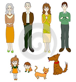 Three Generation Familys with Cat Dog in Color