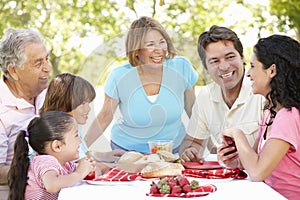 Three Generation Hispanic Couple Enjoying Picnic In Park