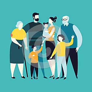 Three generations of family together. Grandma, grandpa, mom, dad, children. Vector illustration flat cartoon style