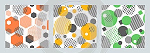 Three geometric seamless patterns with circles,squares, hexagons stripes and dots.