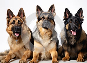 Three german shepherd dogs sitting in front of a white background