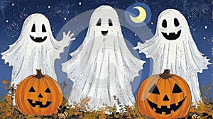 Three ghostly figures with pumpkins and a moon in the background, AI