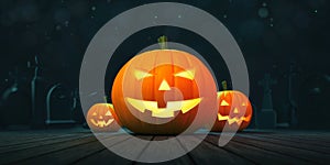 Three ghostly halloween pumpkins on wooden deck and blurred dark blue background.