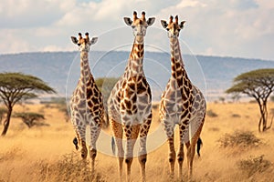 Three giraffes Giraffa camelopardalis in Serengeti National Park, Tanzania, Three giraffes in Serengeti National Park, Tanzania,