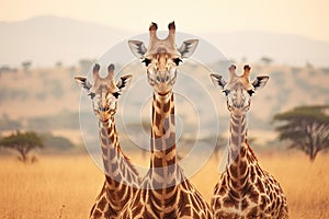 Three giraffes in the savanna of Kenya, Africa, Three giraffes in Serengeti National Park, Tanzania, AI Generated